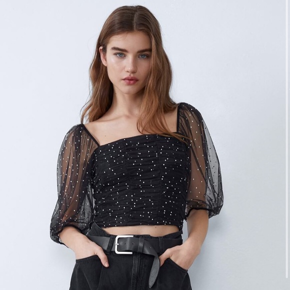 Zara Tops - Zara Black Sparkly Tulle Top M-L Like New